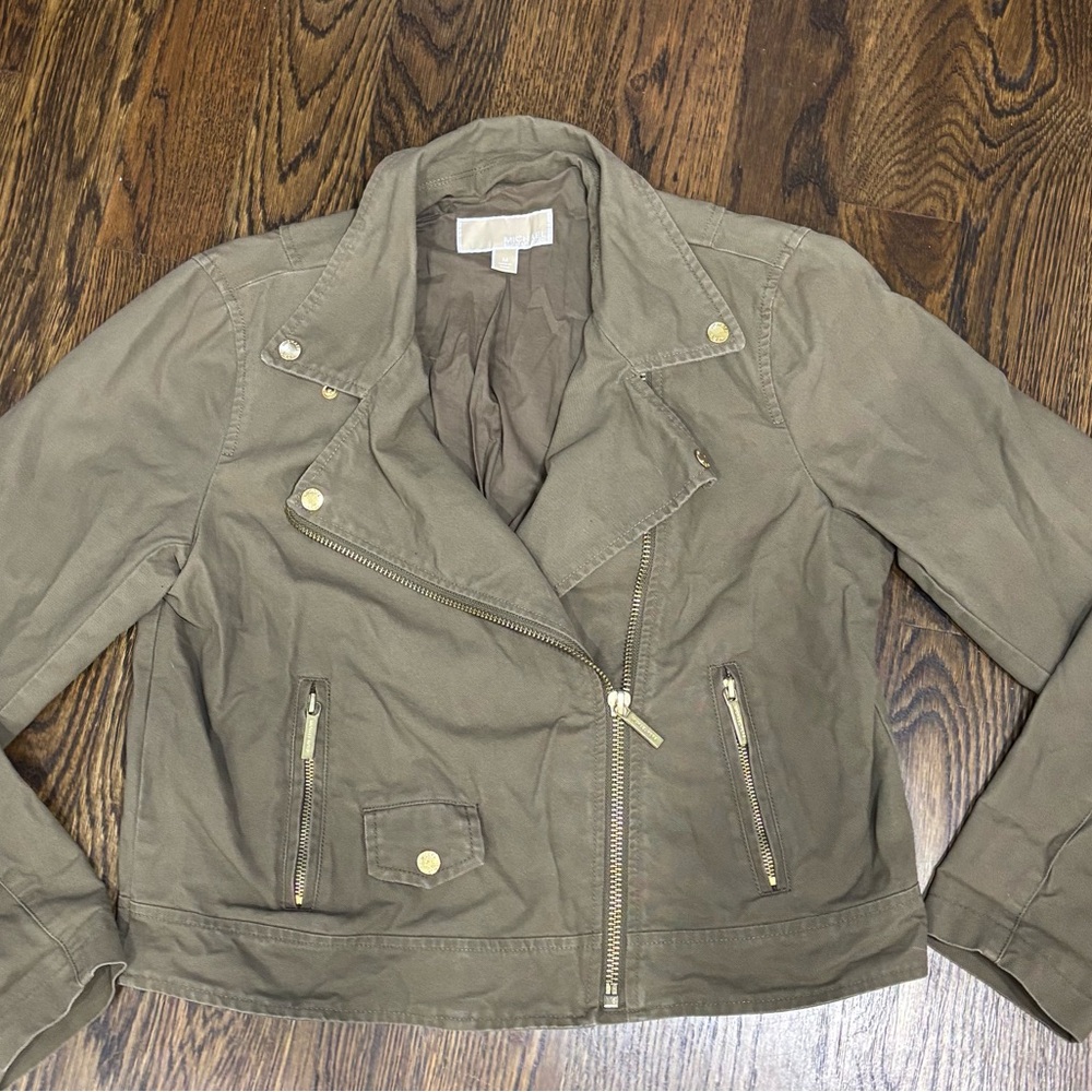 Michael Kors Olive Button Zip Collared Biker Jacket Women's Size M Long Sleeve
